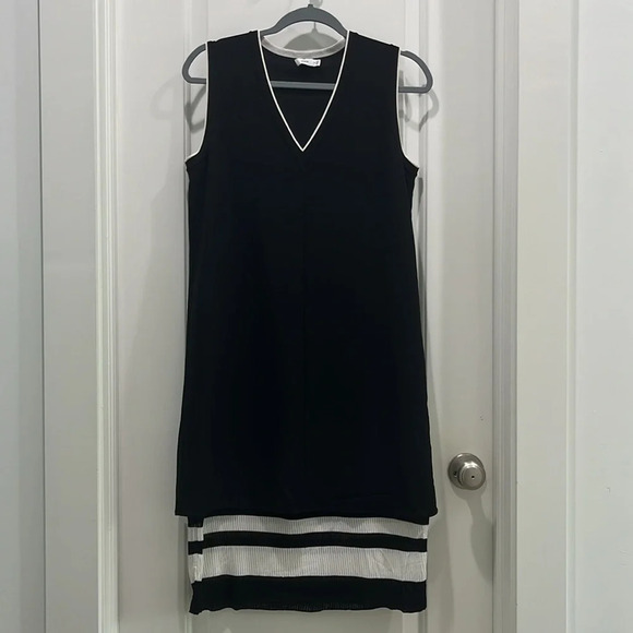 VINCE Black White Stripe Double Layer V-Neck Sleeveless Midi Dress Sz 8 - Picture 4 of 11